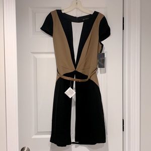 Zara Black and Tan Colorblock Belted Dress
